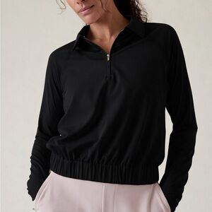 NWOT Athleta Advantage Polo Top M Black Long Sleeve Elastic Waist Golf Tennis